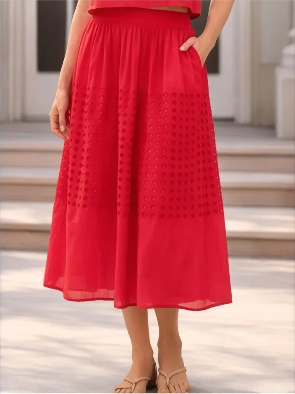 Jennifer & Grace Maxi Eyelet Cotton Skirt in Coral Red Size S